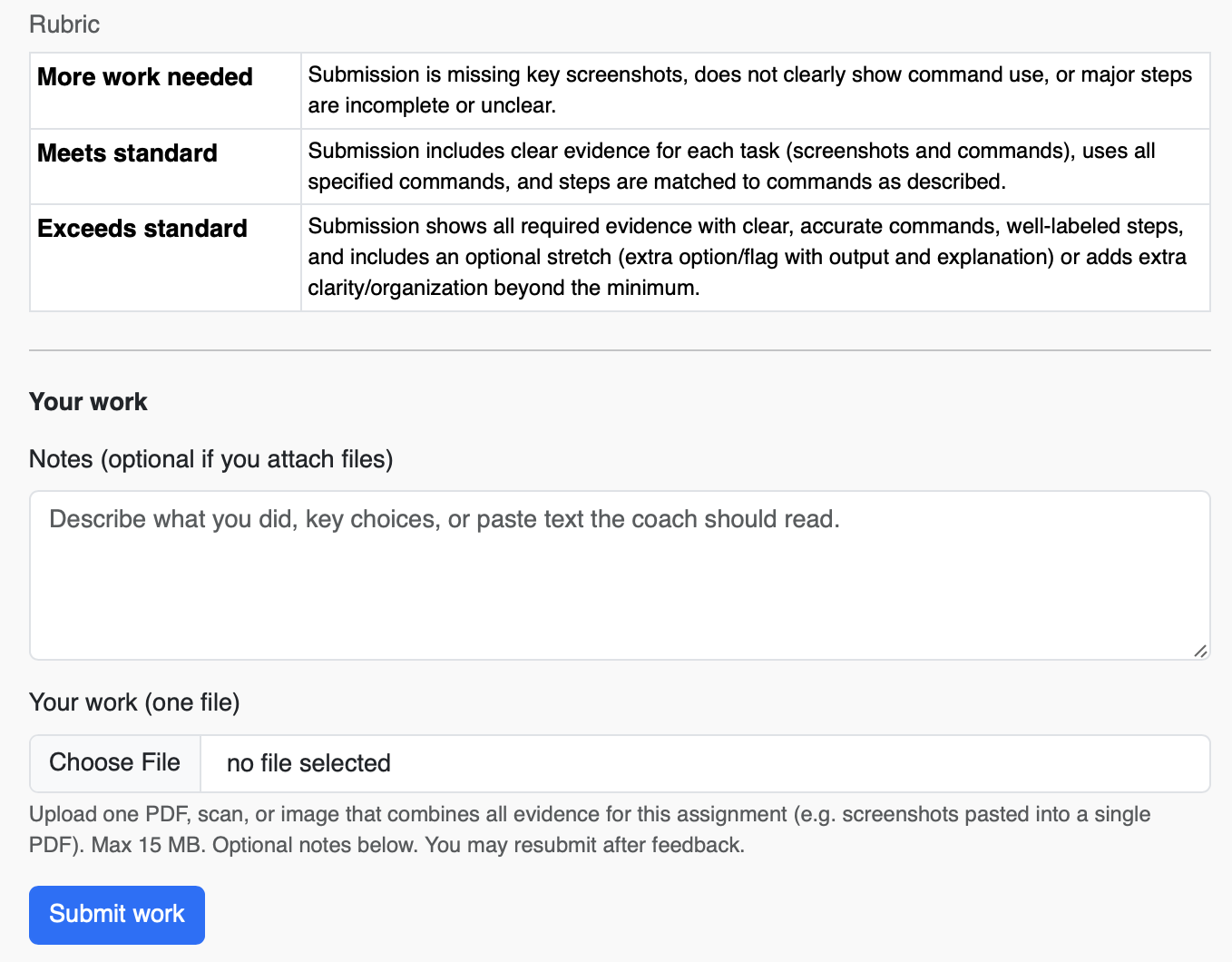 Example Study Path rubric and submission area for learner work